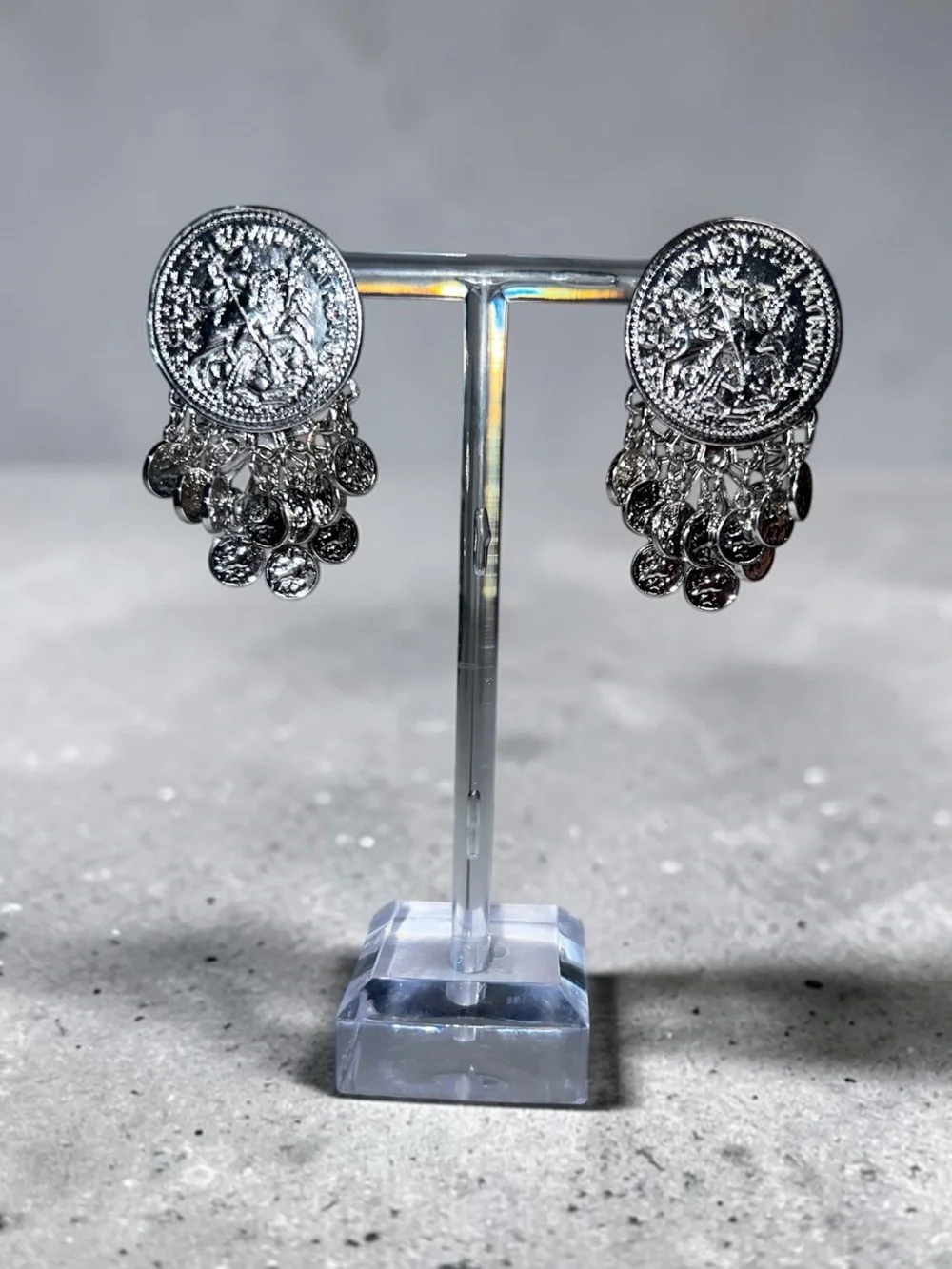 Silver Post Coin Drop Statement Earrings - Women Accessories